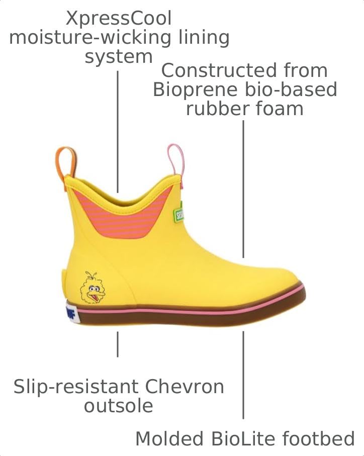 XTRATUF 6” Sesame Street Women’s Ankle Deck Boot - Size 6, Big Bird Yellow - Lightweight, 100% Waterproof Rubber Footwear - Non-Marking, Slip-Resistant Outsole - Moisture-Wicking Liner