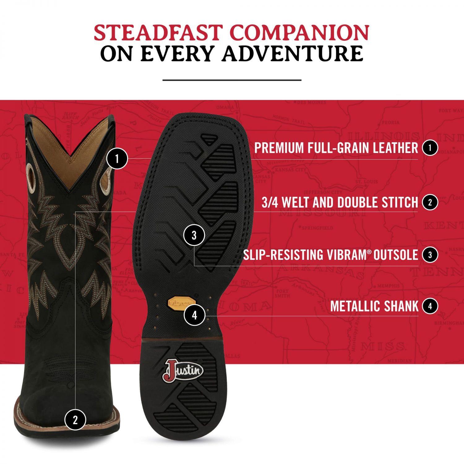 Justin Show Stopper 11” Western Boots for Men - Frontier Collection - Square Toe Leather Men’s Cowboy Boots with Comfort Footbed, Non Slip Outsole, Black - 9.5 EE