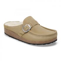 BIRKENSTOCK Women's Buckley Shearling Taupe Suede Natural Shearling (narrow width) - 1028633