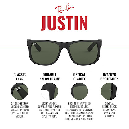Ray-Ban Unisex RB4165 Justin Rectangular Sunglasses, Rubber Black/Light Grey Gradient Dark Grey, 51 mm