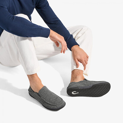 OLUKAI Moloa Hulu Men's Wool-Blend Slippers, Soft & Heathered Knit Slip On Shoes, Suede Leather Foxing, Drop-In Heel Design, Dk Shadow/Dk Shadow, 14