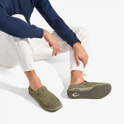 OLUKAI Moloa Hulu Men's Wool-Blend Slippers, Soft & Heathered Knit Slip On Shoes, Suede Leather Foxing, Drop-In Heel Design, Clay/Clay, 14