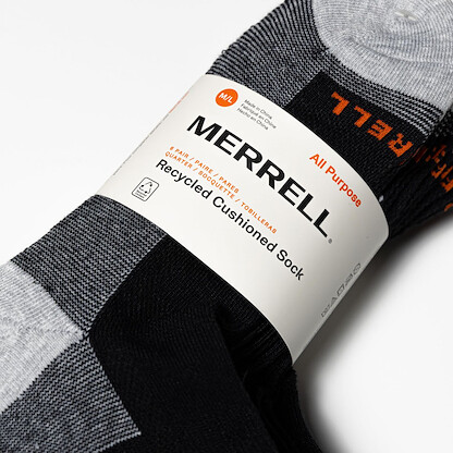 Merrell Recycled Cushion Quarter Sock 6 Pair Pack, Black, Small