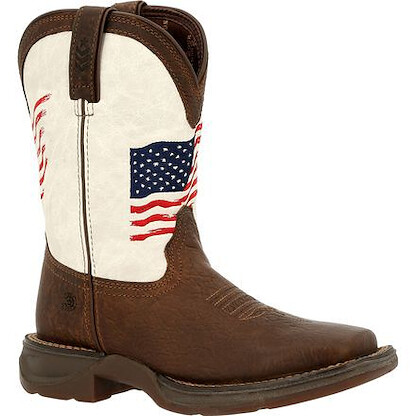 Durango Unisex Big Kids' 8" Lil' Rebel™ by Durango Distressed Flag Western Boot Bay Brown/White - DBT0234Y